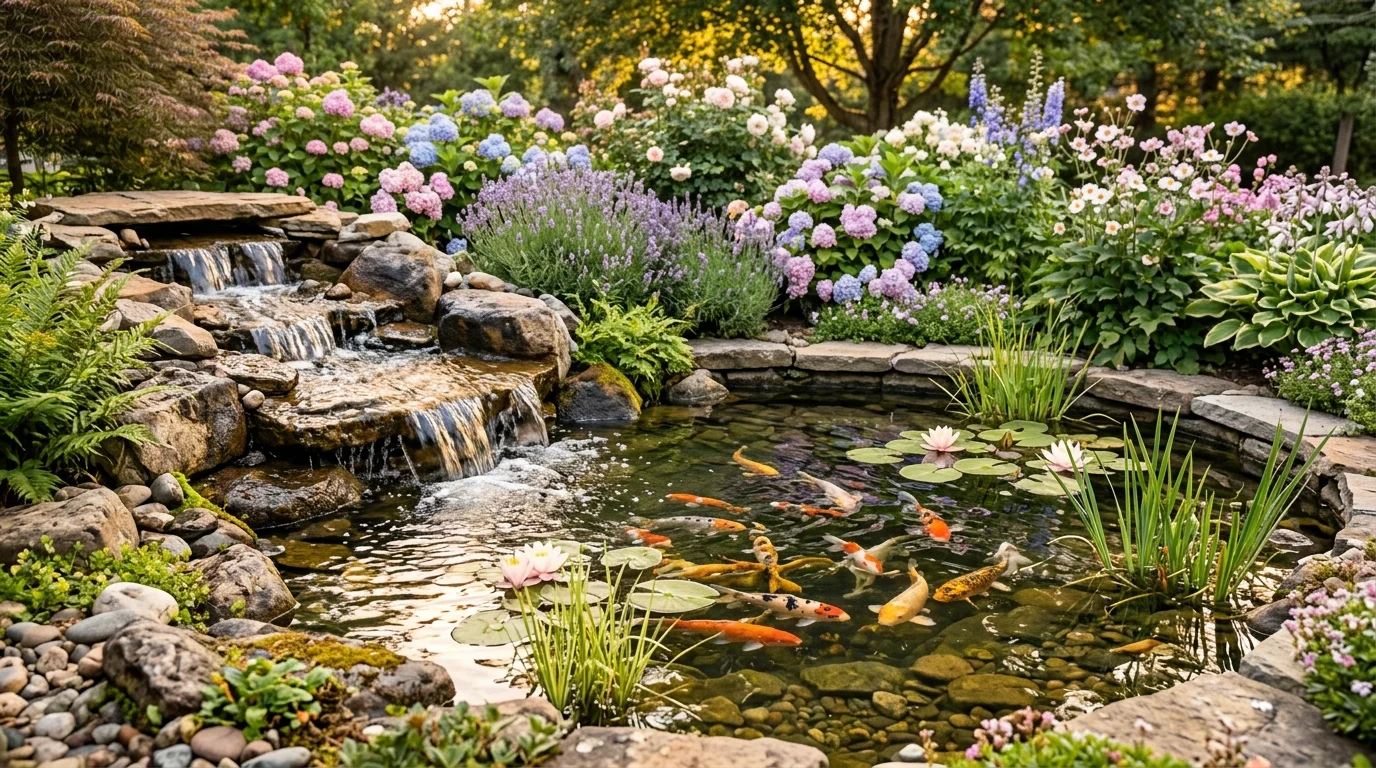 Serene Pond Ideas in Garden with Koi Fish and Water Features, inspiration image 3